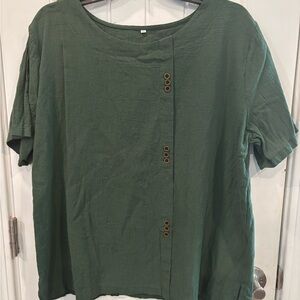 Forest Green Linen Short-Sleeve Button-Accent Women's Top